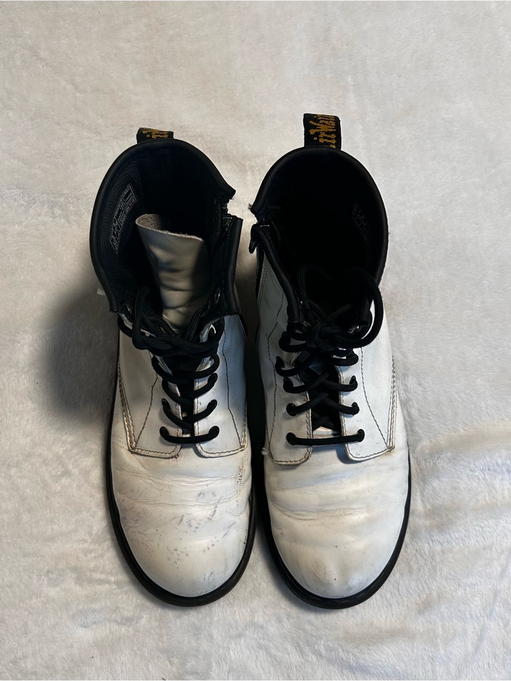 Dr. Martens White Leather Lace-Up Boots with Black Accents